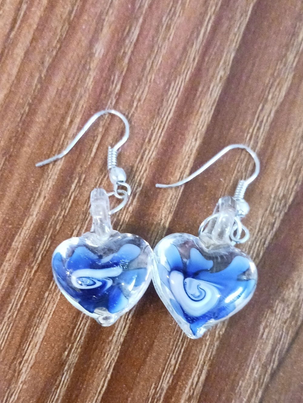 Blue Glass Heart Drop Earrings